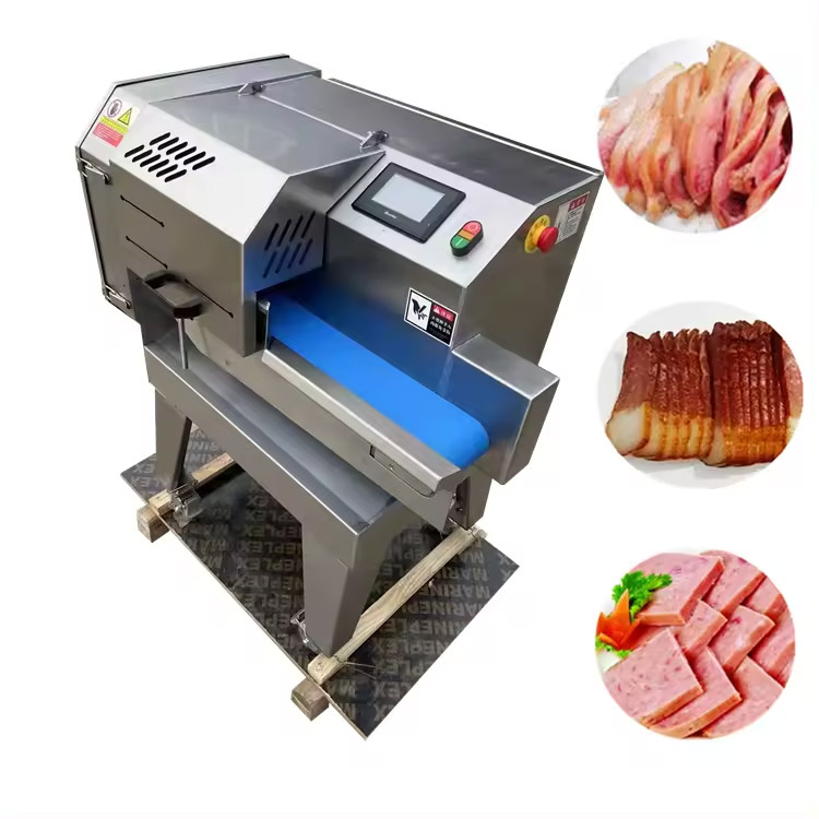 Commercial Stainless Steel Bacon Sausage Cooked Meat Cutter Slicer Pig Ham Slicer Deli Slicing Machine With Conveyor Belt