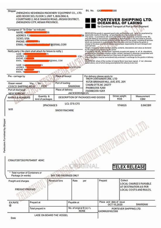 Machinery Export Bill of Lading