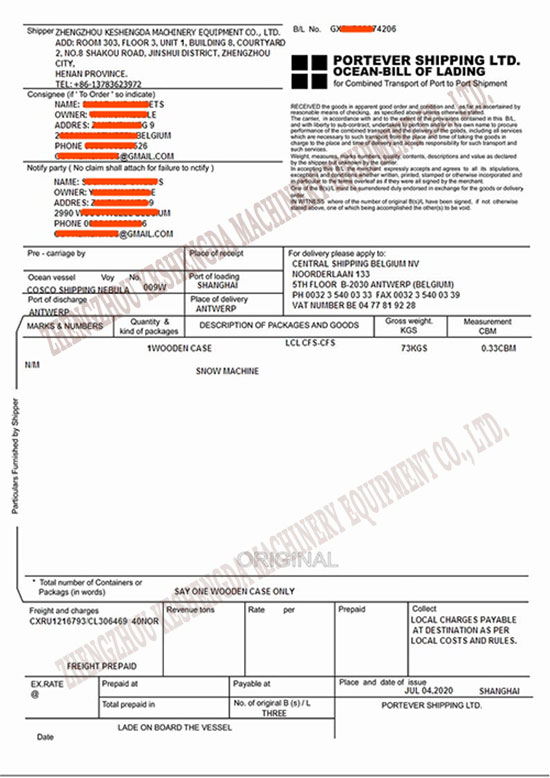 Machinery Export Bill of Lading