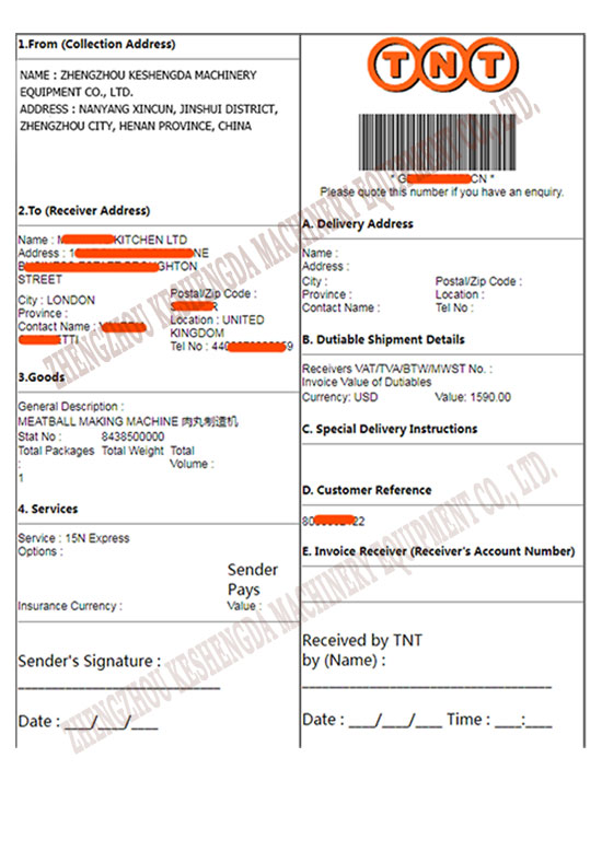 Machinery Export Bill of Lading