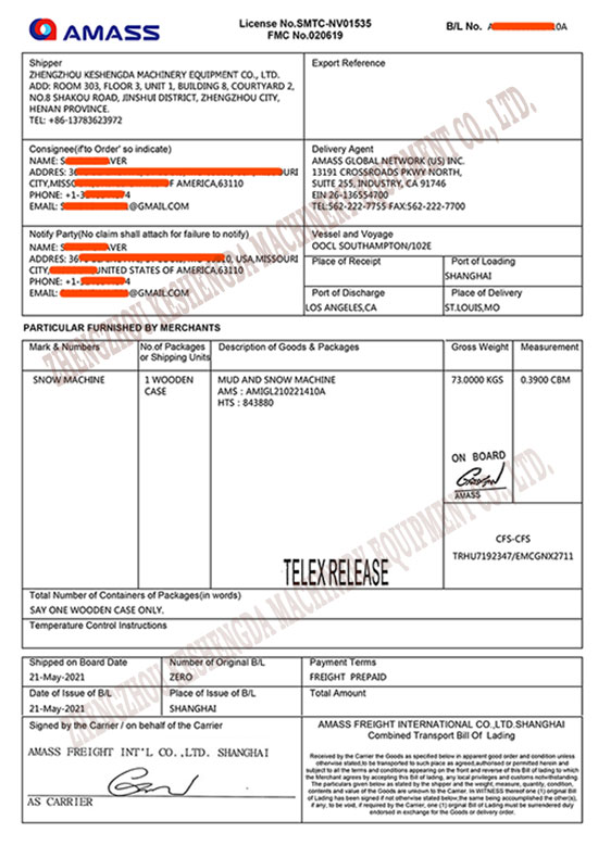 Machinery Export Bill of Lading