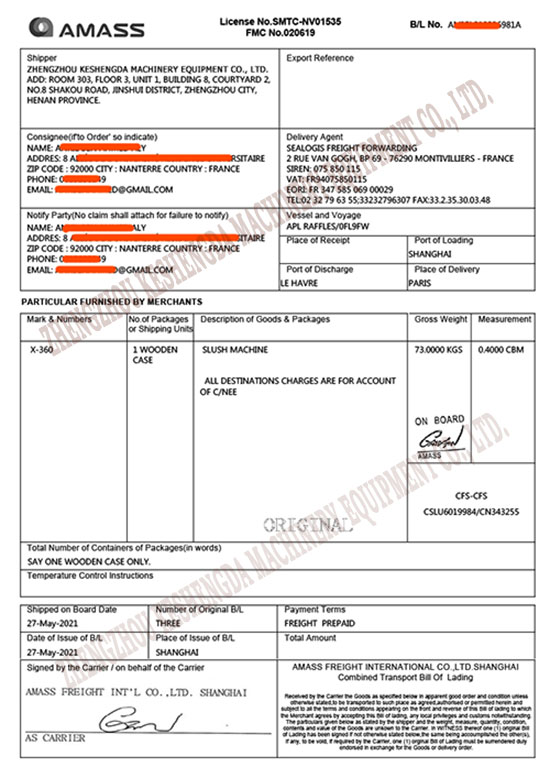 Machinery Export Bill of Lading