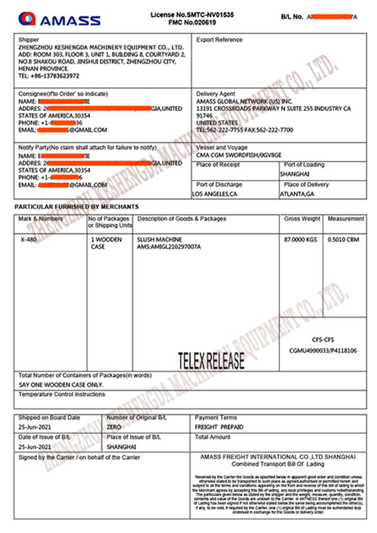 Machinery Export Bill of Lading