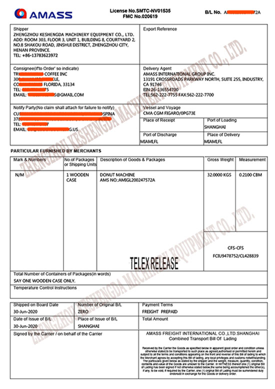 Machinery Export Bill of Lading