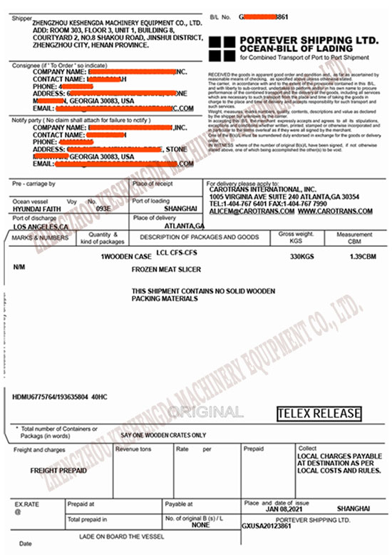 Machinery Export Bill of Lading